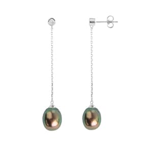 Boucle d'oreilles pendantes or gris 750/18 ct avec perle de culture de Tahiti et diamants 0.07ct.