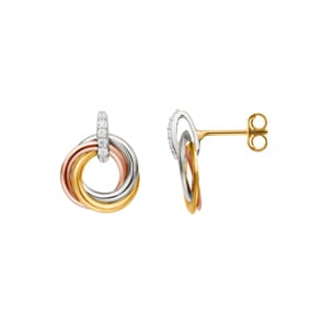 Stud Earrings 375/9 K Three-tone Gold intertwined with Cubic Zirconia