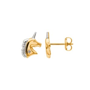 Clous d'oreilles or bicolore 750/18 ct avec zircones, Licorne