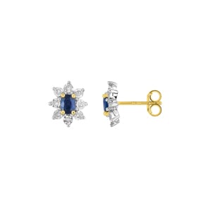 Ohrstecker 750/18 K Gelbgold bicolor mit ovalen Saphiren & Diamanten 0.06 ct