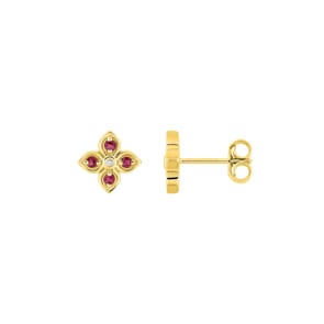 Ohrstecker 750/18 K Gelbgold Blumen mit Rubinen & Diamanten 0.01 ct