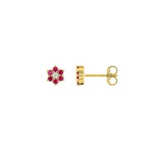 Ohrstecker 750/18 K Gelbgold Blumen mit Rubinen & Diamanten 0.02 ct