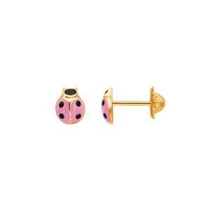 Ohrstecker 750/18 K Gelbgold Marienkäfer mit pinkem Lack