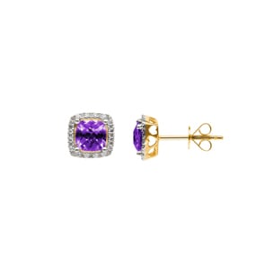 Ohrstecker 750/18 K Gelbgold mit Amethyst Kissen und Diamanten 0.10 ct H/si
