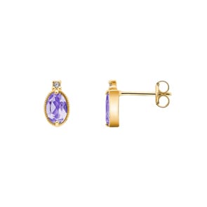 Stud Earrings 750/18 K Yellow Gold with oval Amethyst & Cubic Zirconia