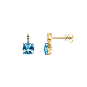 Ohrstecker 750/18 K Gelbgold mit Blautopas Kissen und Diamanten 0.02 ct H/si