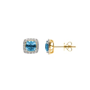 Ohrstecker 750/18 K Gelbgold mit Blautopas Kissen und Diamanten 0.10 ct H/si