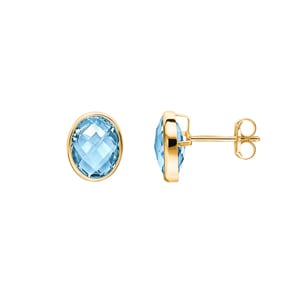 Clous d'oreilles or jaune 750/18 ct avec topaze bleue ovale