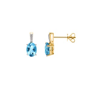 Ohrstecker 750/18 K Gelbgold mit Blautopas oval und Diamanten 0.02 ct H/si