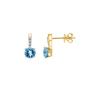 Clous d'oreilles or jaune 750/18 ct avec topaze bleue ronde et diamants 0.02 ct H/si