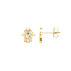 Ohrstecker 750/18 K Gelbgold mit Blautopas und Zirkonia, Fatima-Hand