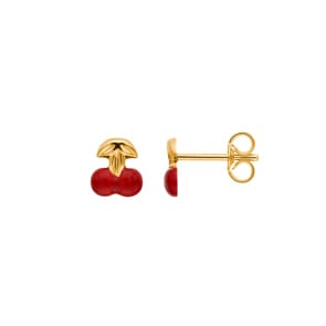 Clous d'oreilles or jaune 750/18 ct avec laque, Cerises