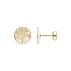 Clous d'oreilles or jaune 750/18 ct avec nacre, Arbre de vie