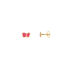 Clous d'oreilles or jaune 750/18 ct avec laque rosa, Papillon