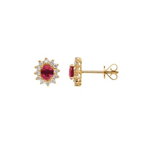 Clous d'oreilles or jaune 750/18 ct avec rubis ovale & diamants 0.23 ct H/si