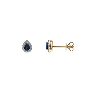 Clous d'oreilles or jaune 750/18 ct avec saphir poire et diamants 0.09 ct H/si