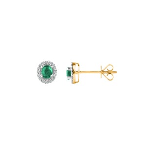 Clous d'oreilles or jaune 750/18 ct avec émeraude ovale & diamants 0.09 ct H/si