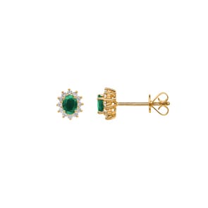 Clous d'oreilles or jaune 750/18 ct avec émeraude ovale & diamants 0.15 ct H/si