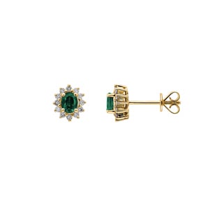 Stud Earrings 750/18 K Yellow Gold with oval Emerald & Diamonds 0.19 ct H/si