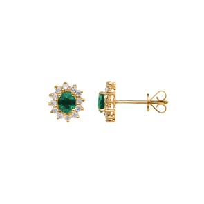 Clous d'oreilles or jaune 750/18 ct avec émeraude ovale & diamants 0.23 ct H/si