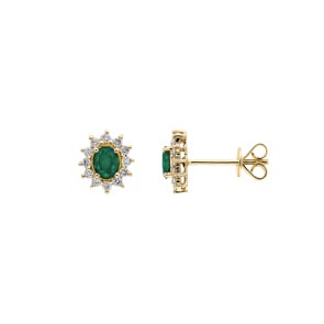 Clous d'oreilles or jaune 750/18 ct avec émeraude ovale & diamants 0.23 ct H/si