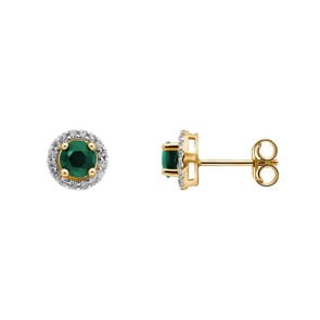 Clous d'oreilles 750/18 K or jaune avec émeraude ronde & zircones