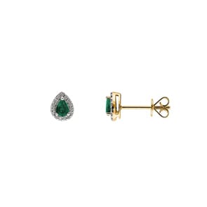 Clous d'oreilles or jaune 750/18 ct avec émeraude poire et diamants 0.09 ct H/si