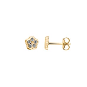 Clous d'oreilles or jaune 750/18 ct avec zircones, Fleur