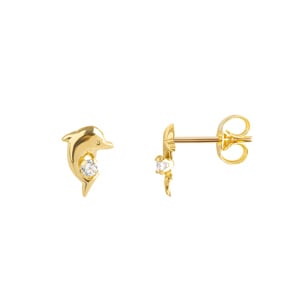 Clous d'oreilles or jaune 750/18 ct avec zircones, Dauphin