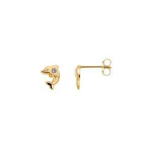 Clous d'oreilles or jaune 750/18 ct avec zircones, Dauphin