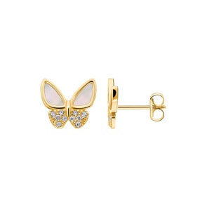 Ohrstecker 750/18 K Gelbgold mit Zirkonia & Perlmutt, Schmetterling