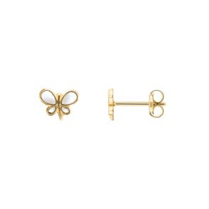Stud Earrings 750/18 K Yellow Gold Butterflies with Mother of Pearl
