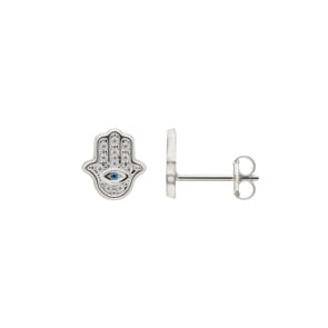 Ohrstecker 750/18 K Weissgold mit Blautopas und Zirkonia, Fatima-Hand