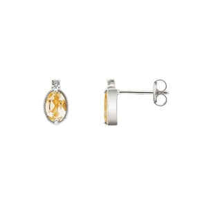 Stud Earrings 750/18 K White Gold with oval Citrine & Cubic Zirconia
