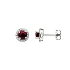 Clous d'oreilles or gris 750/18 ct avec rubis ronde & zircones