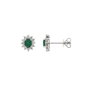 Clous d'oreilles or gris 750/18 ct avec émeraude ovale & diamants 0.23 ct H/si