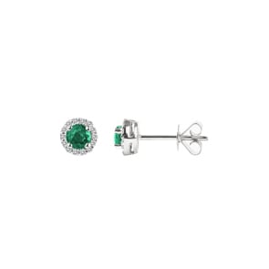 Clous d'oreilles or gris 750/18 ct avec émeraude ronde et diamants 0.08 ct H/si