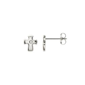Clous d'oreilles or gris 750/18 ct avec zircones, Croix