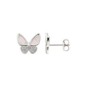 Clous d'oreilles or gris 750/18 ct avec nacre & zircones, Papillon