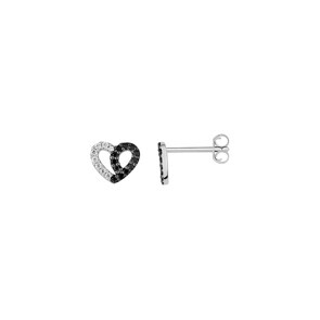 Clous d'oreilles Argent 925 rhodié avec zircones noir / blanc, Cœur