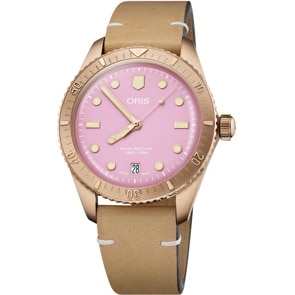 Oris Divers Sixty-Five Cotton Candy Lipstick pink on leather strap