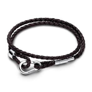 Pandora Moments Braunes Geflochtenes Doppeltes Lederarmband-Set 925 Silber