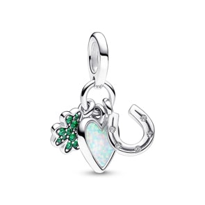 Pandora Moments Vierblättriges Kleeblatt, Herz und Hufeisen Dreifacher Charm-Anhänger 925 Silber