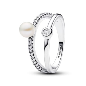 Pandora Timeless Behandelte Süsswasserzuchtperle & Pavé Doppelband-Ring 925 Silber