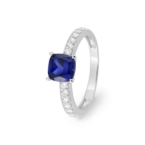 Pavé Solitärring 375/9 K Weissgold mit Lab Grown Saphir & Diamanten 0.26 ct