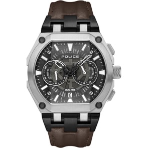 Police Shield Dual Time Silbrig / Braun