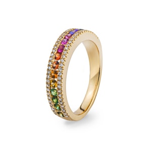 Rainbow Eternity Ring 750/18 K Yellow Gold with Sapphires and Diamonds 0.21 ct H/si