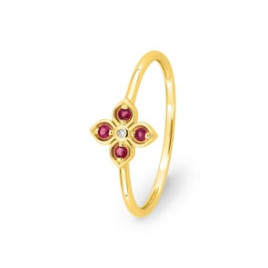 Ring 750/18 K Gelbgold Blume mit Rubinen & Diamant 0.01 ct