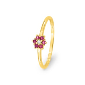 Ring 750/18 K Gelbgold Blume mit Rubinen & Diamant 0.01 ct