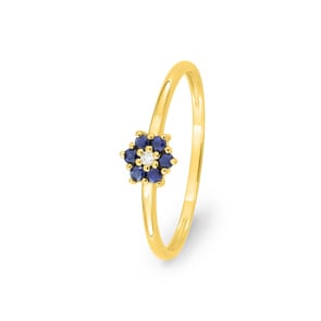 Ring 750/18 K Gelbgold Blume mit Saphiren & Diamant 0.01 ct